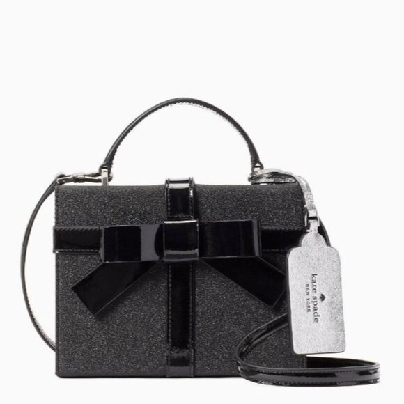 NEW Kate Spade Wrapping Party Gift Box Crossbody Black Glitter Leather Handbag